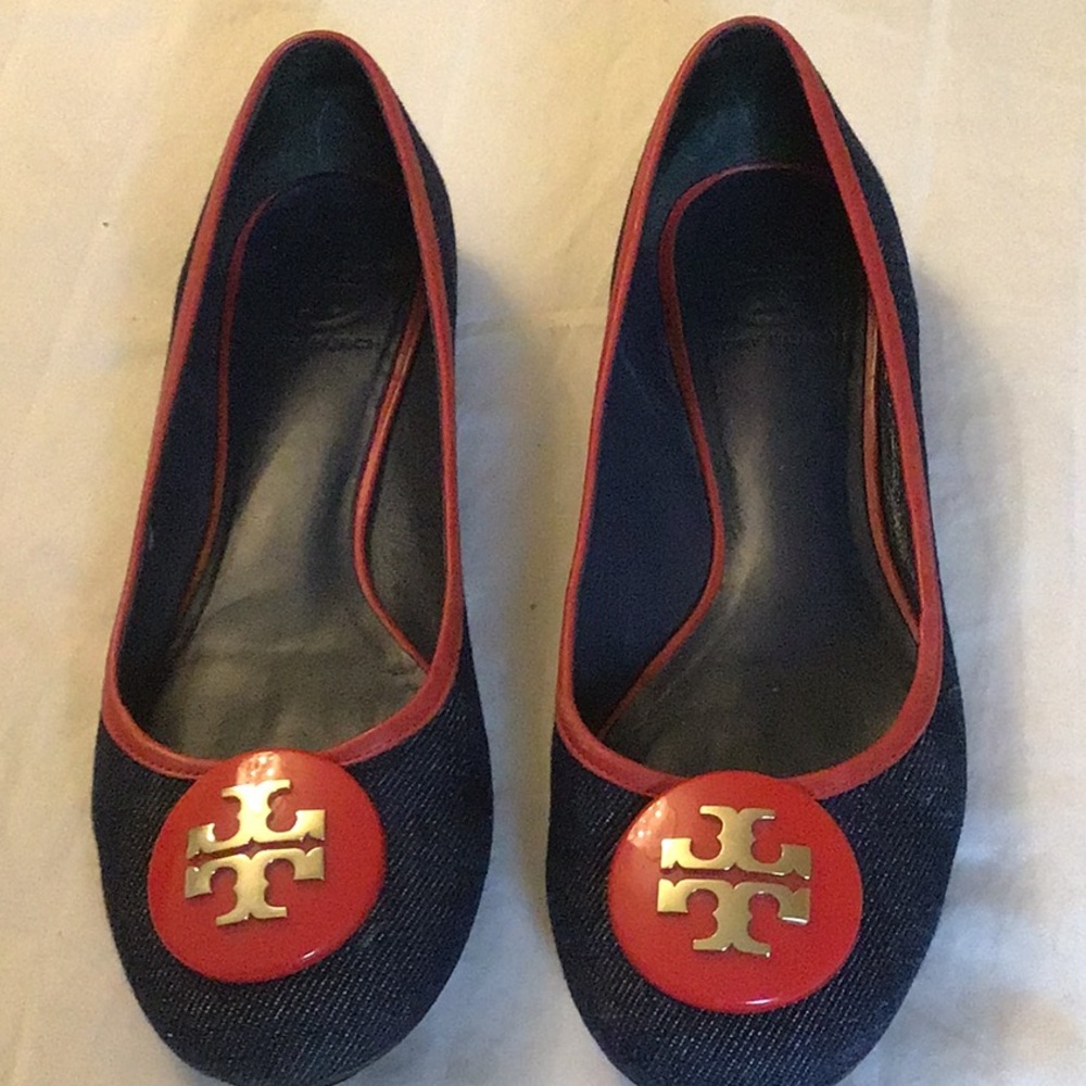 Tory Burch denim blue red flats